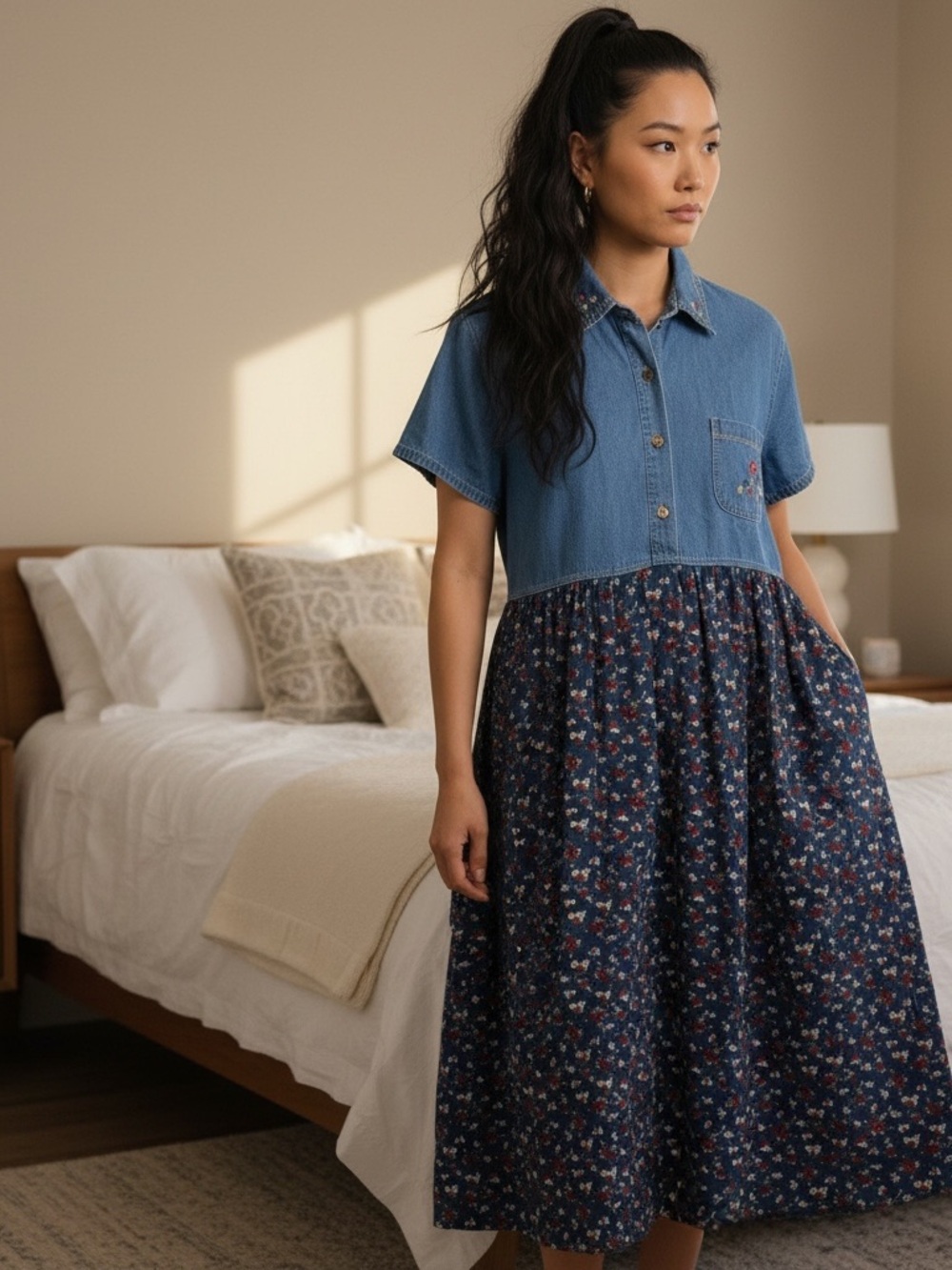 Bobbie Brooks Blue Chambray and Navy Floral Midi Dress Modest